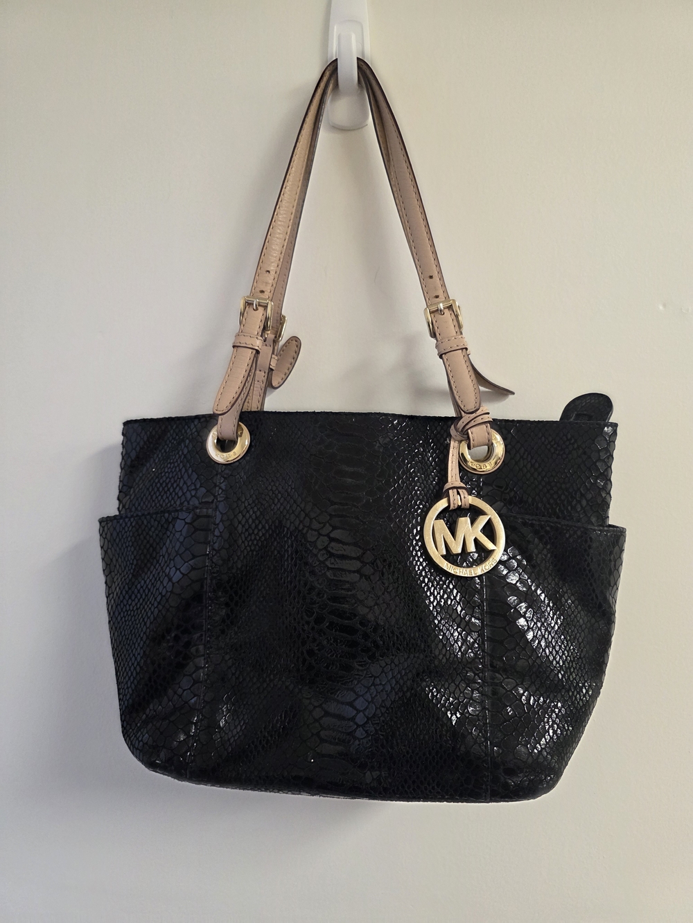 Michael Kors Black Snake-Embossed Shoulder Tote with Beige Straps